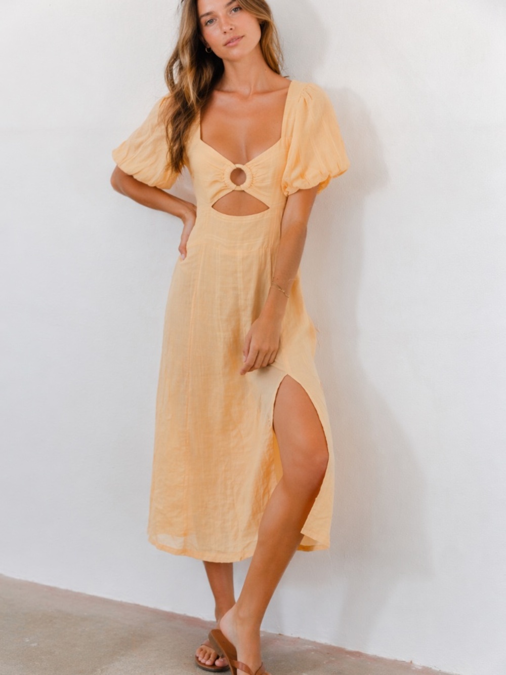 l*space Peach Cutout Midi Dress with Puff Sleeves